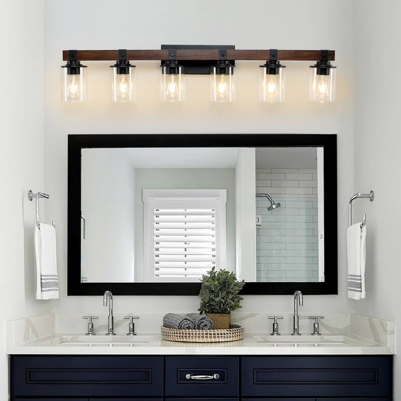 Vanity Light, Industrial Bathroom Wall Sconce with Glass Shades and Wood Accent, Modern Farmhouse Lighting Fixture (No Bulbs)