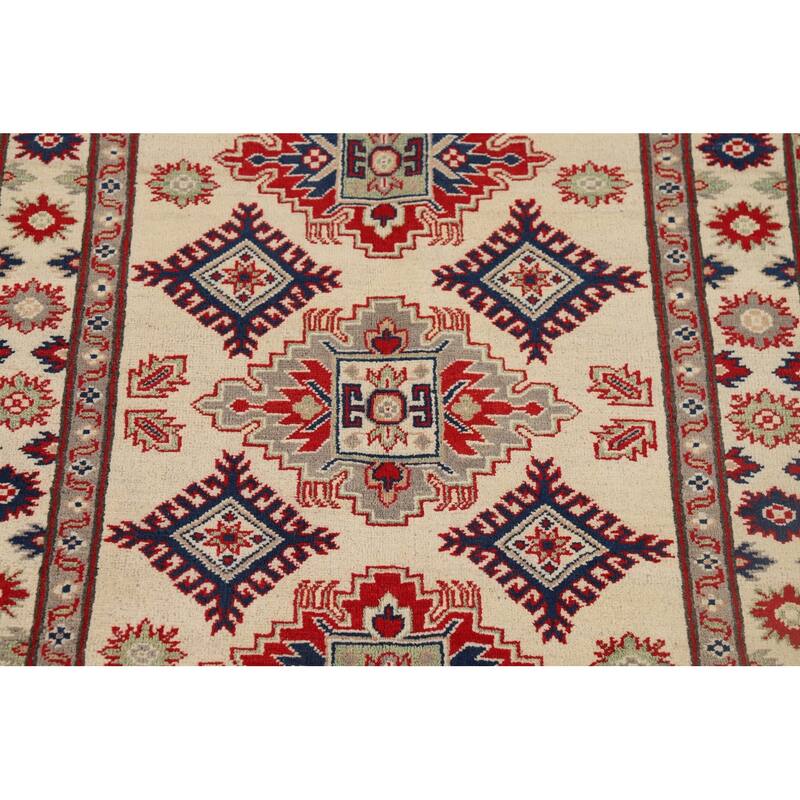 Geometric Ivory Kazak Oriental Accent Rug Handmade Wool Carpet - 3'5" x 4'11"