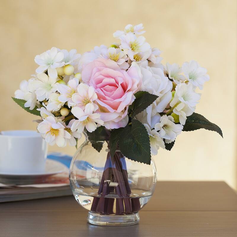 Enova Home Mixed Artificial Silk Roses Fake Flowers Arrangement in Clear Glass Vase Wwth Faux Water for Home Decoration