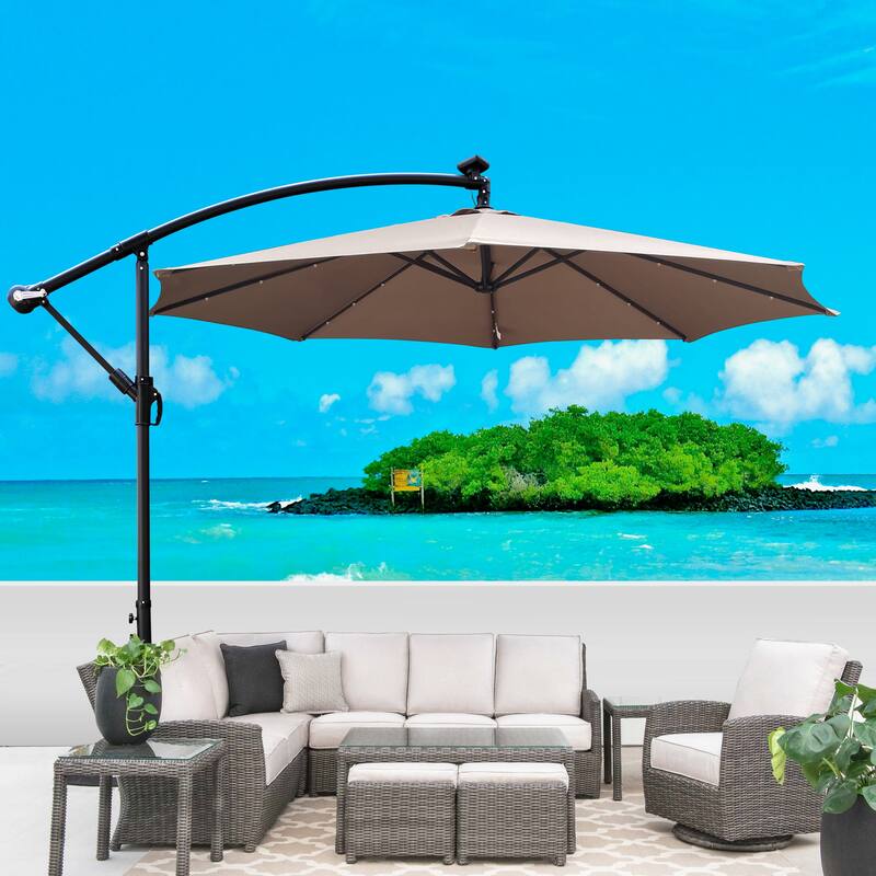 10 ft Solar Powered LED Patio Umbrella with Crank, Tilt, and Cross Base for Outdoor Pool and Garden Shade