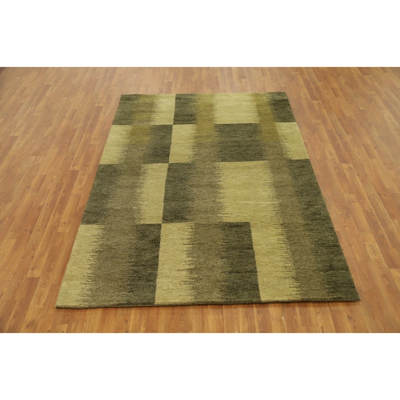 Hand Knotted Oriental 100% Wool Carpet Modern Geometric Green Gabbeh Area Rug - 7' 10'' X 5' 7''