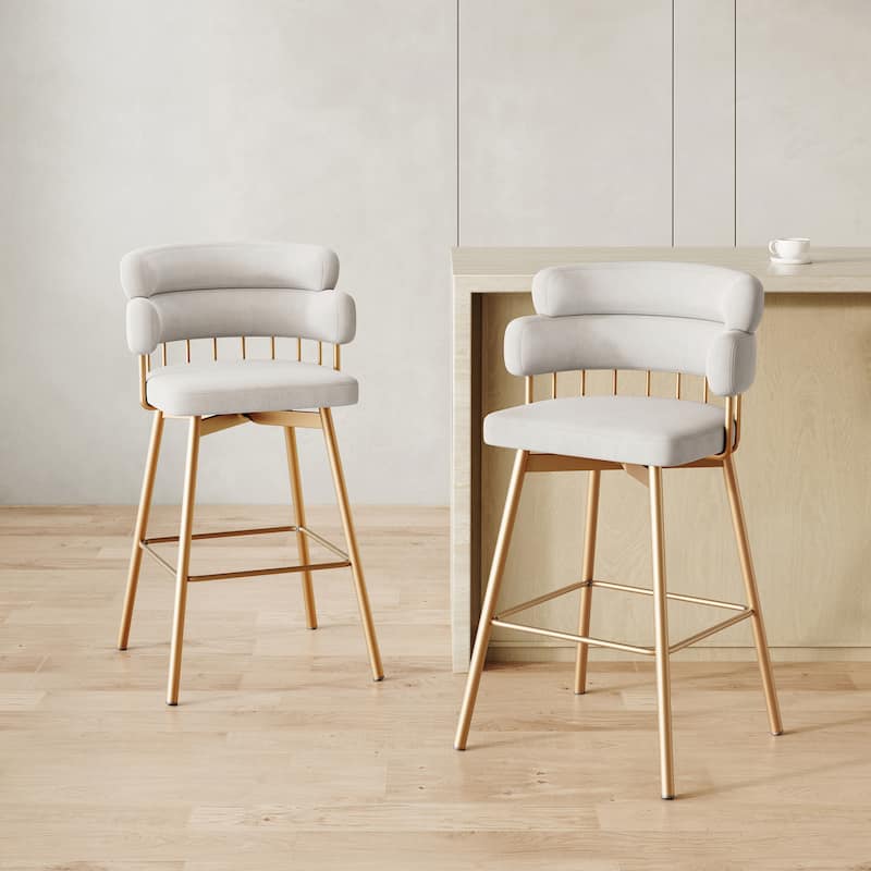 26 Inch Bar Stools Set of 2 Swivel Upholstered Back Metal Legs - Beige,Golden