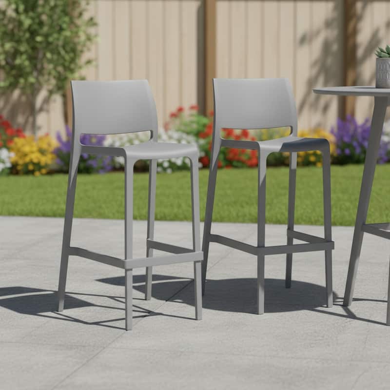 HomeRoots Set of Two 30" Gray Heavy Duty Plastic Low Back Outdoor Bar Height Chairs - Gray