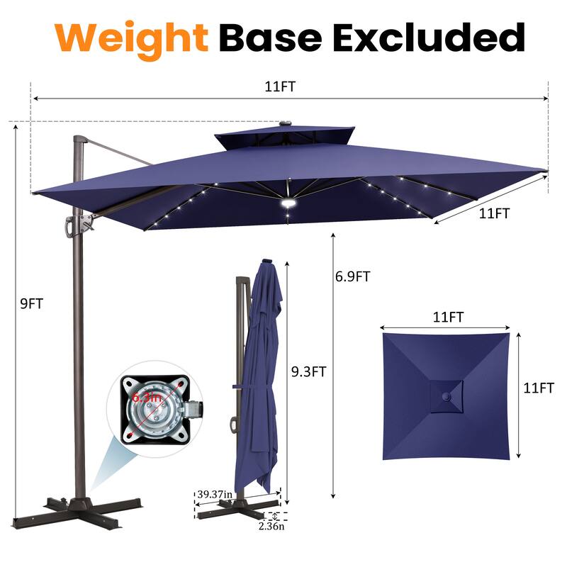 VredHom Solar LED Light 11FT Square Outdoor Cantilever Patio Umbrella without Base