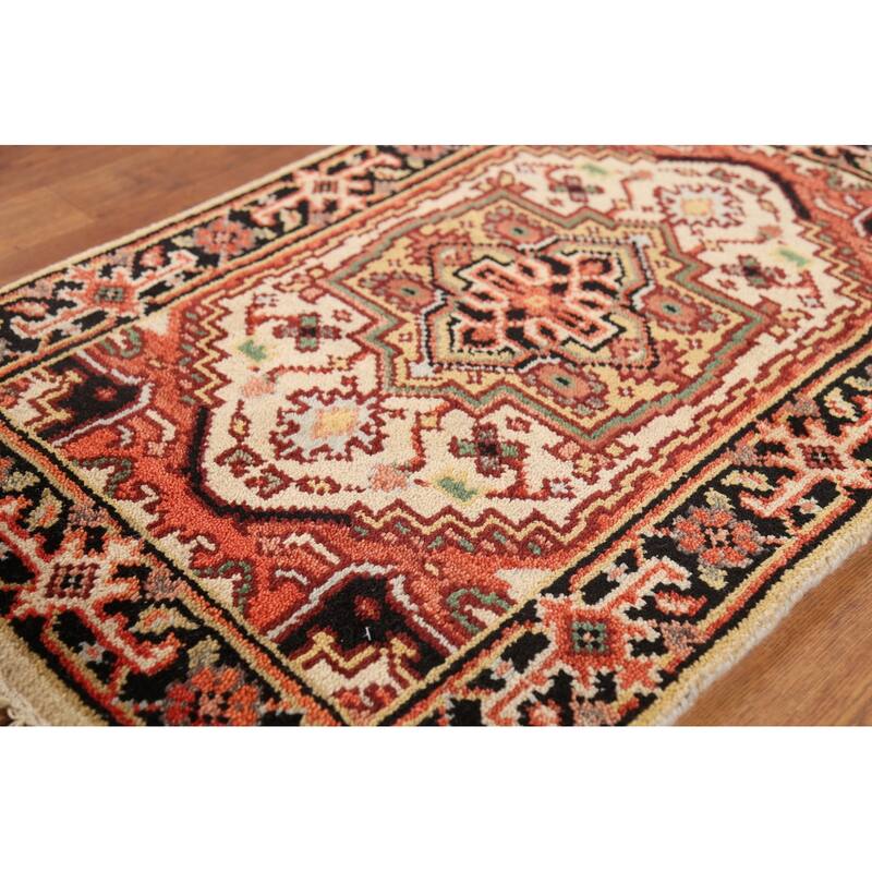 Geometric Heriz Serapi Indian Rug Handmade Beige Foyer Wool Carpet - 2'0"x 3'0"