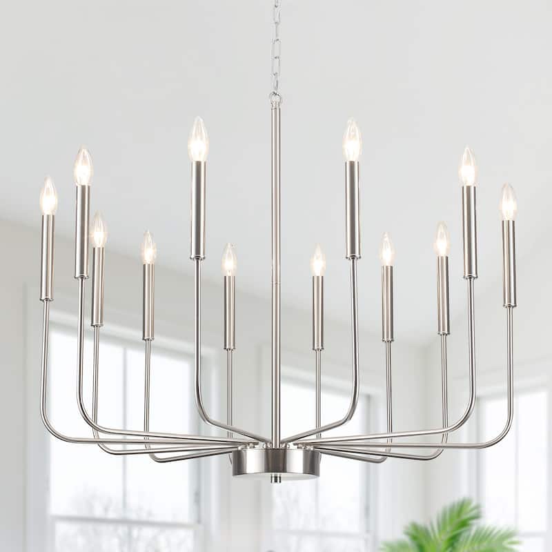 12-Light Rustic Candle Chandelier for Dining Room Living Room - W32.08" x H70.07" - N/A - Sand nickel