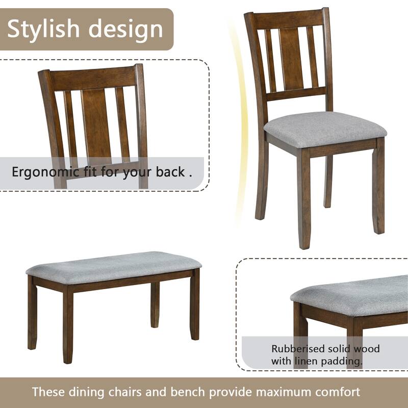 6 Piece Kitchen Dining Table Chairs Set Wooden Rectangular Casual Dining Table with 4 Upholstered Dining Chairs and Bench