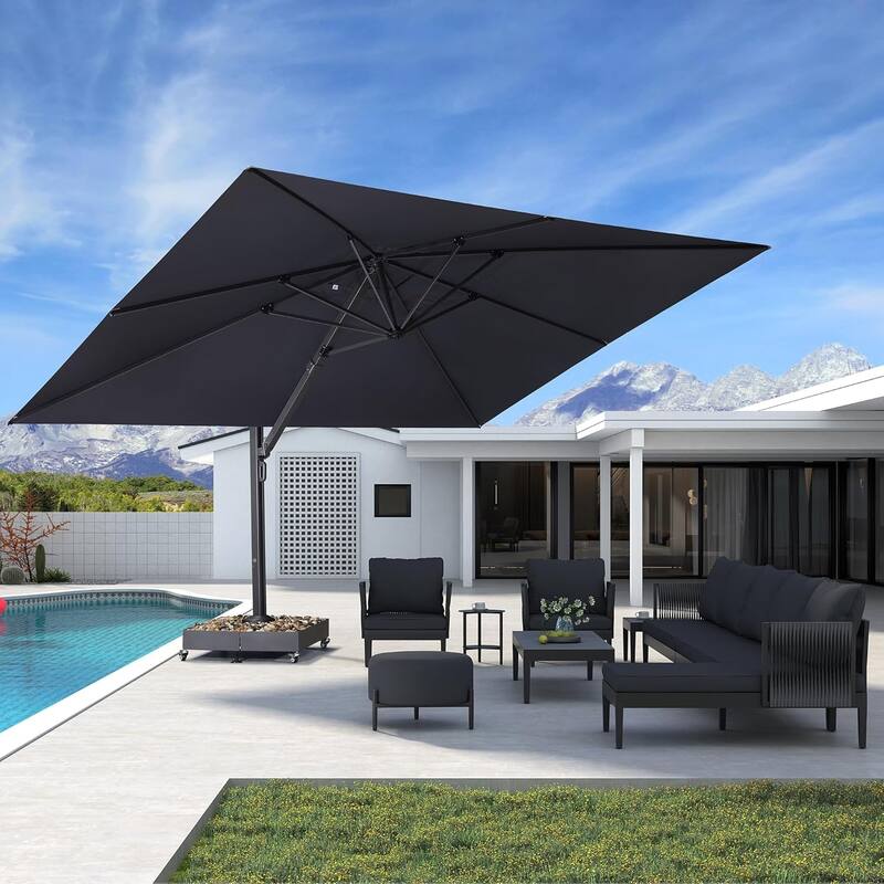 PURPLE LEAF Extra Large Premium Patio Cantilever Offset Umbrella With Base - 11X15ft/Grey