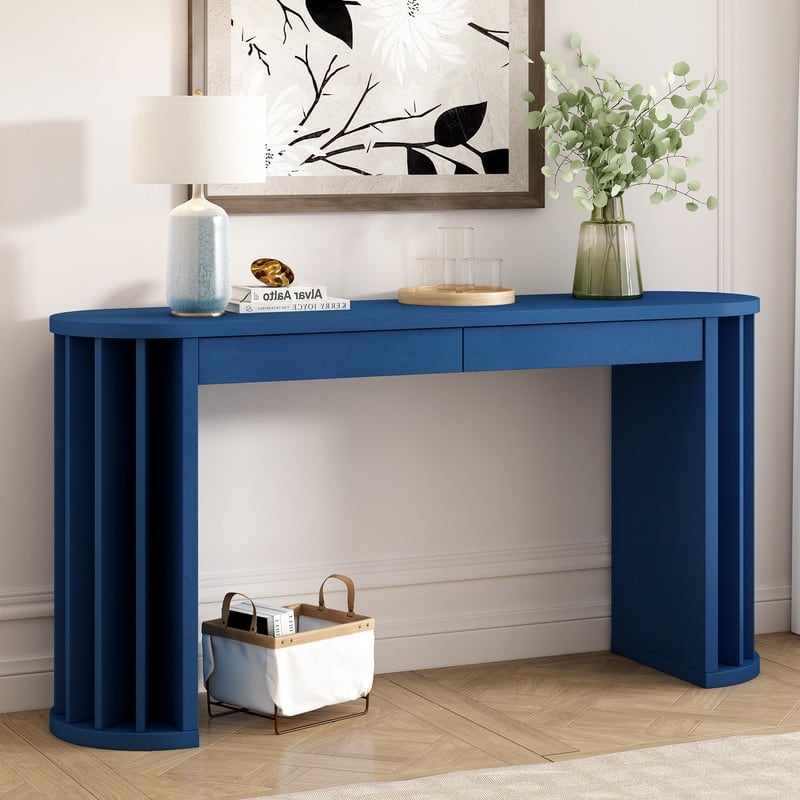 59-inch Long Console Table,Oak Veneer Sofa Table,Curved and Straight Line Design,Behind the Couch