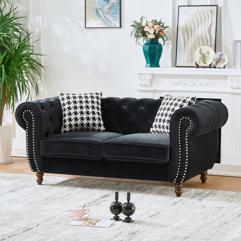 67"Velvet Upholstery Fabric Sofa With Roll Armrest & Nailhead,Upholstered Mid Century Modern Couch,2 Seater Couch
