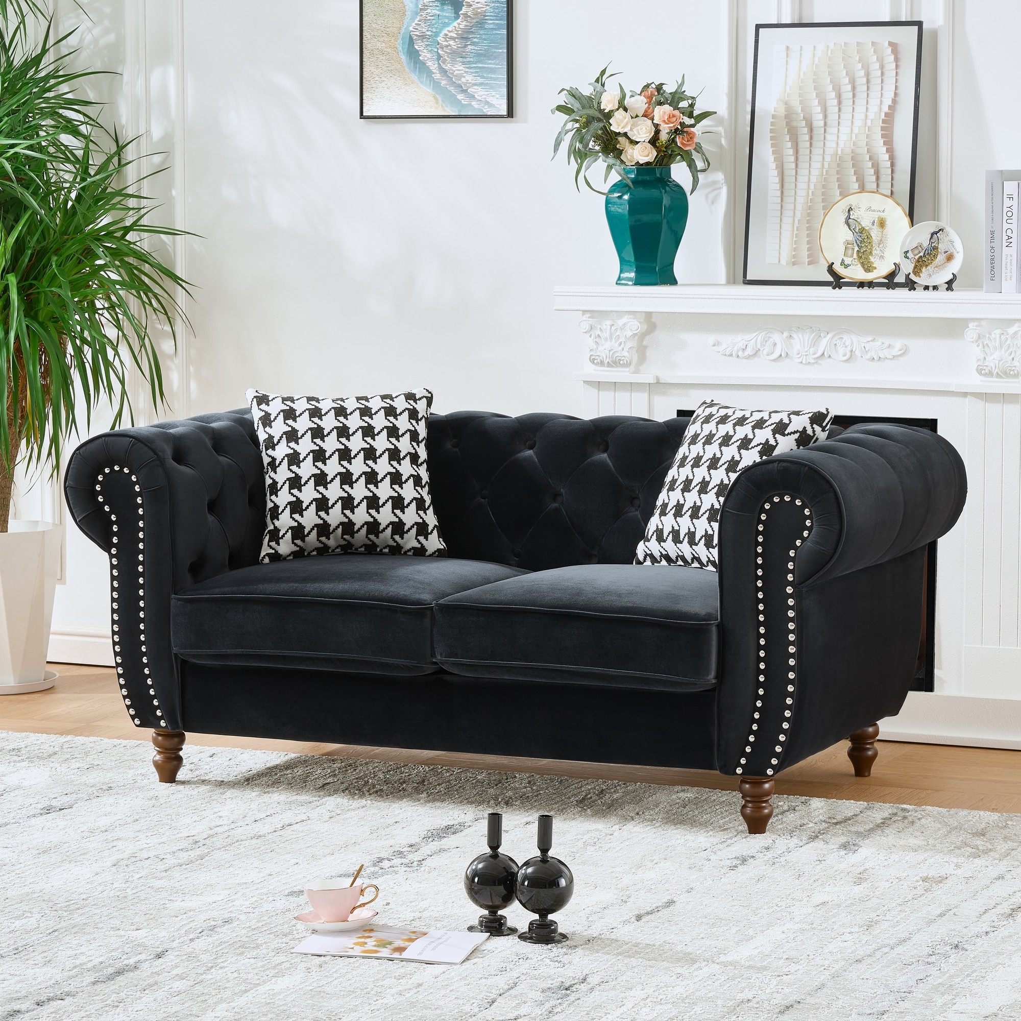 Elegant Velvet Sofa Couch Loveseat with Nailhead, 2-Seater Sofa Couch with Rolled Armrests for Living Room