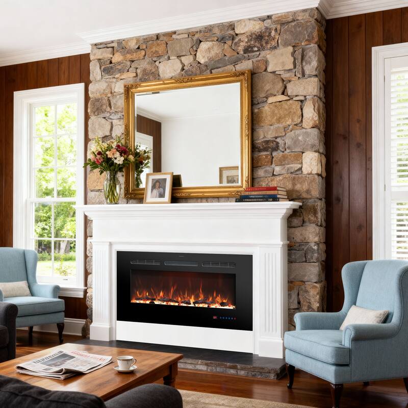 42" Recessed Wall Mounted Linear Electric Fireplace with Remote and Timer, 13 Adjustable Flame Color