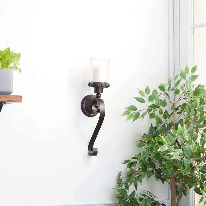 Metal Scroll Studded Pillar Wall Sconce - Brown - Roche River Decor - 5"W x 6"L x 20"H