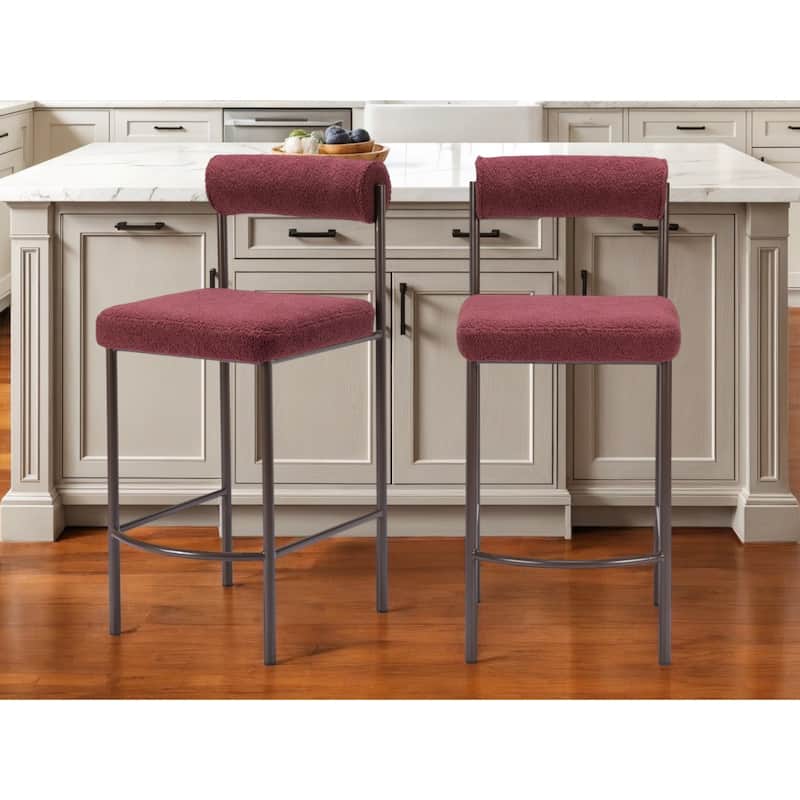 Set of Two 26" Red and Bronze Shearling and Steel Low Back Counter Height Bar Chairs - Red
