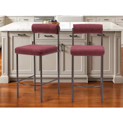 Set of Two 26" Red and Bronze Shearling and Steel Low Back Counter Height Bar Chairs