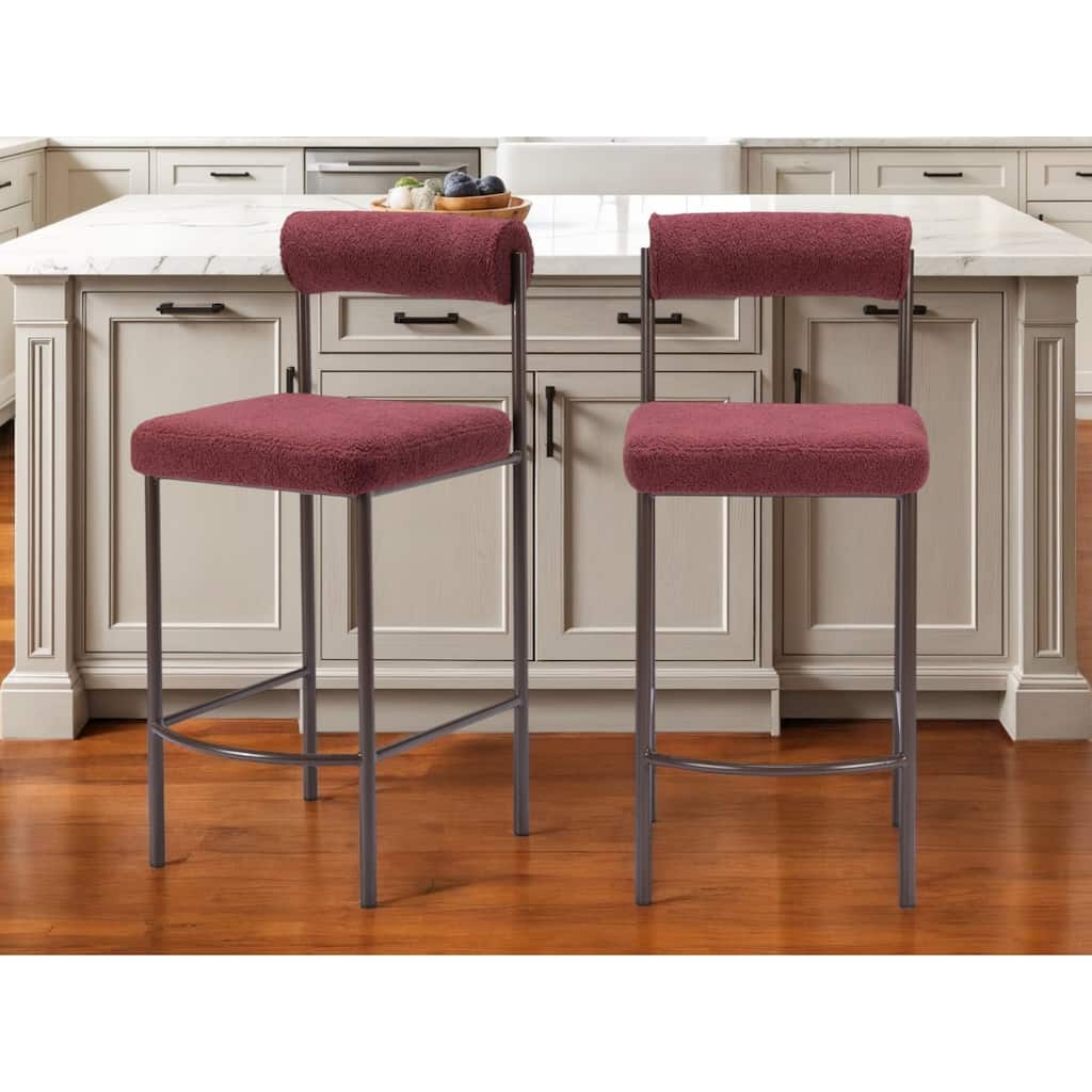 Set of Two 26" Red and Bronze Shearling and Steel Low Back Counter Height Bar Chairs