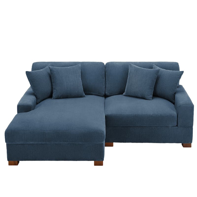 Modern L-Shaped Corduroy Modular Sectional Couch Sofa with Pillows - Navy-R - Left Facing