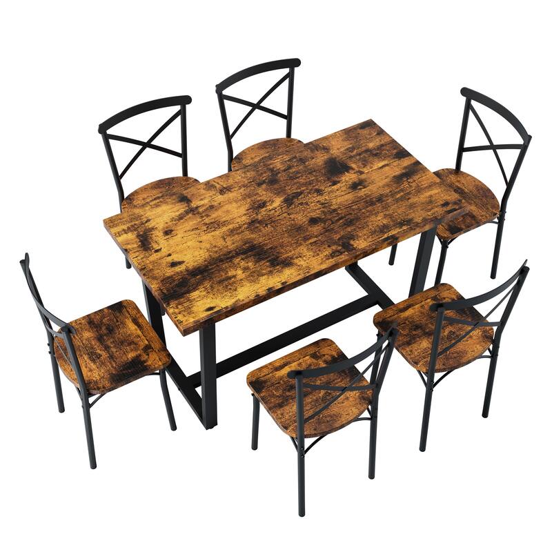 Trestle Dining Table and Chairs Set, Side Chairs with Cross Backrests, Industrial Writing Desk Computer Desk