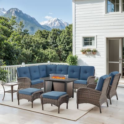 Outdoor Sectional Sofa Chairs Ottomans with Fire Pit Table -Blue - Brown