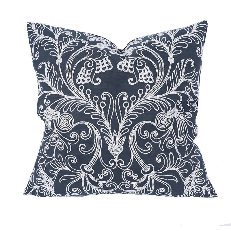 HomeRoots 20" X 20" Blue and White Damask Polyester Zippered Pillow With Embroidery