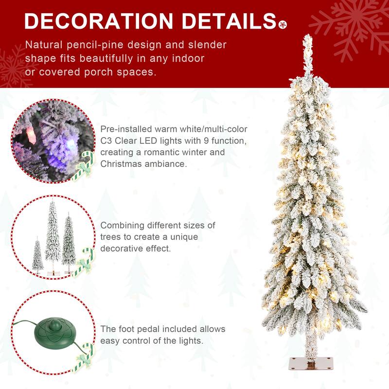 Glitzhome 4.5ft/6ft/7.5ft Pre-Lit Flocked Artificial Snowy Downswept Christmas Tree with Foot Pedal Control LED Lights