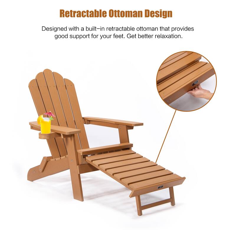 Anmytek Oversized Folding Adirondack Chair with Pullout Ottoman and Cup Holder Weather-Resistant Poly Lumber
