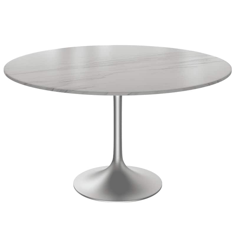 LeisureMod Verve 48" Round Dining Table with Sintered Stone TableTop and Brushed Chrome Base for Kitchen & Dining Room - White