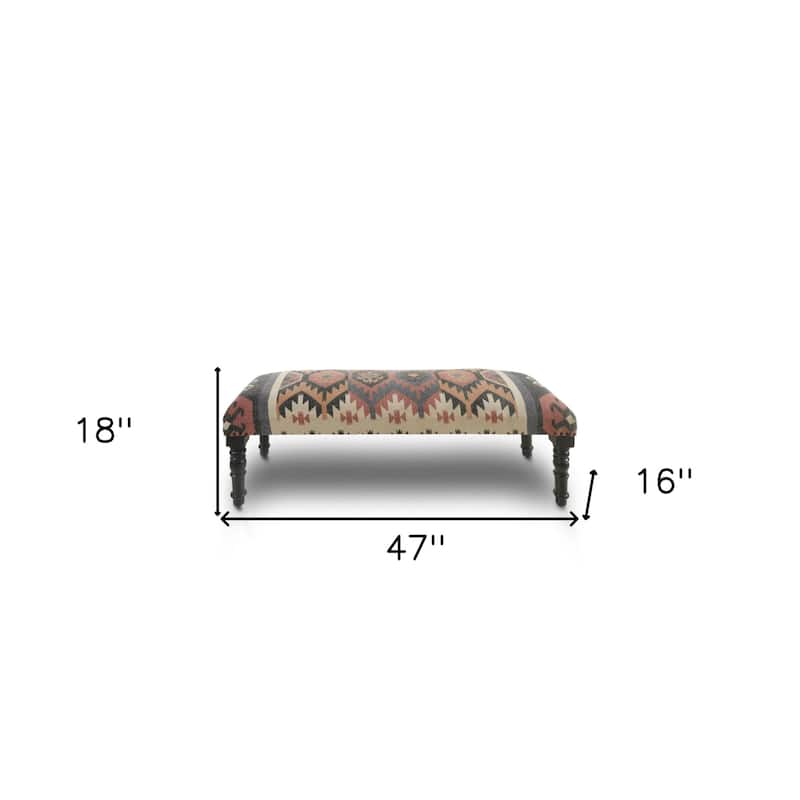 Black Wood Jute Wool Upholstered Southwest Distressed Bench Nailhead Trim - 16" D x 47" W x 18" H