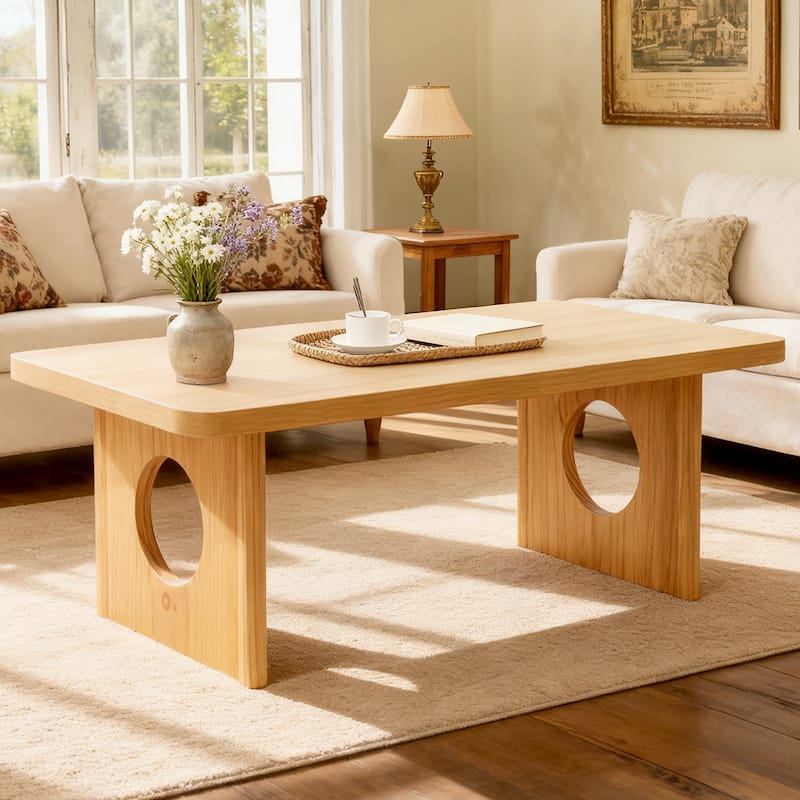 47-Inch Rectangular Center Coffee Table with Solid Pine Wood Legs - 47.24"L x 23.62"W x 17.13"H - Natural--open legs