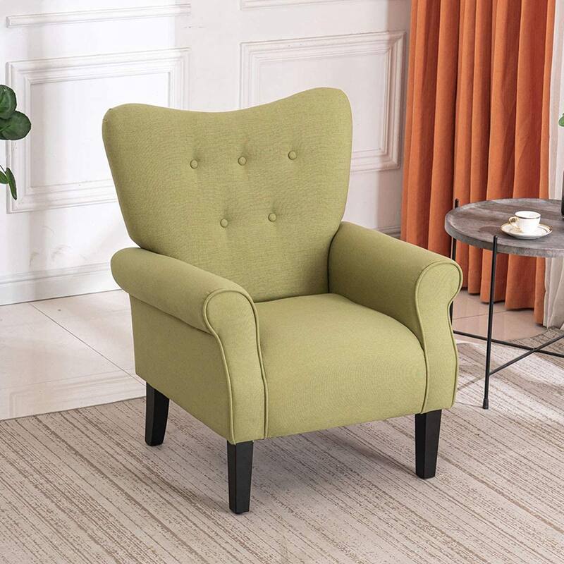 Erommy Wing back Arm Chair, Upholstered Fabric High Back Chair with Wood Legs - Green