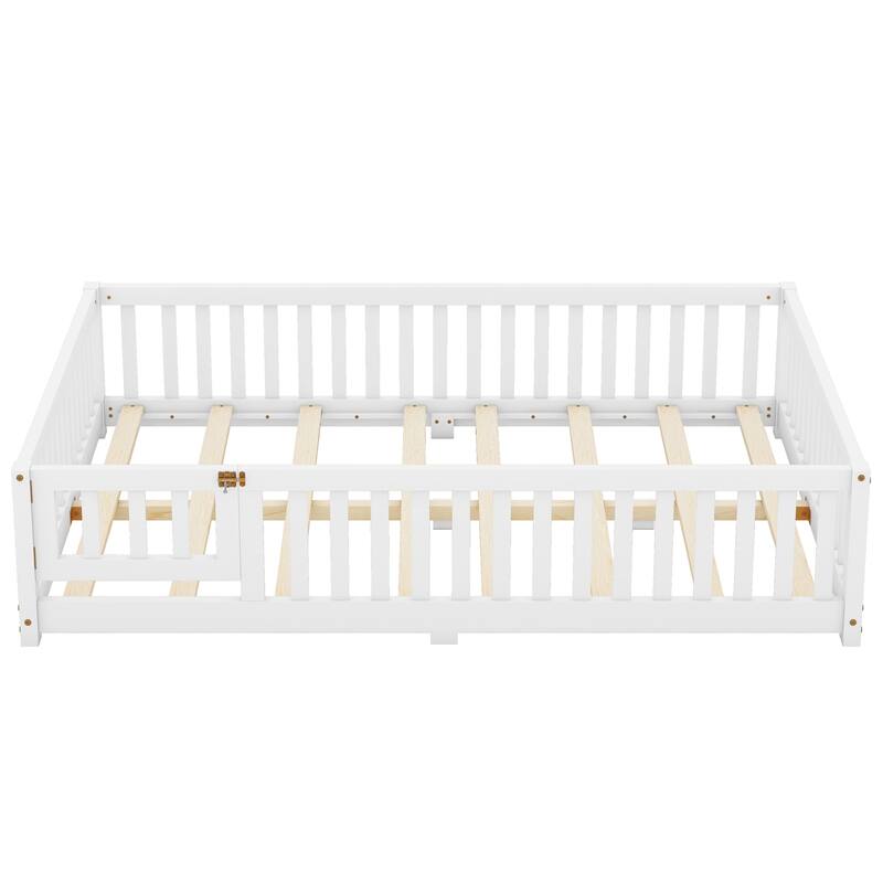 White Full Size Pine Wood Floor Bed with Safety Guardrails and Door for Kids, Boys, Girls, Bedroom