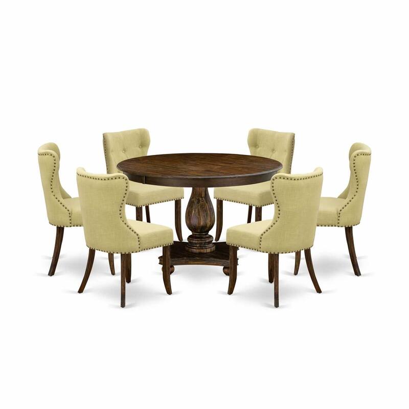 HomeStock 7-Piece Round Distressed Jacobean Finish Solid Wood Top Dining Table with 6 Parson Chairs