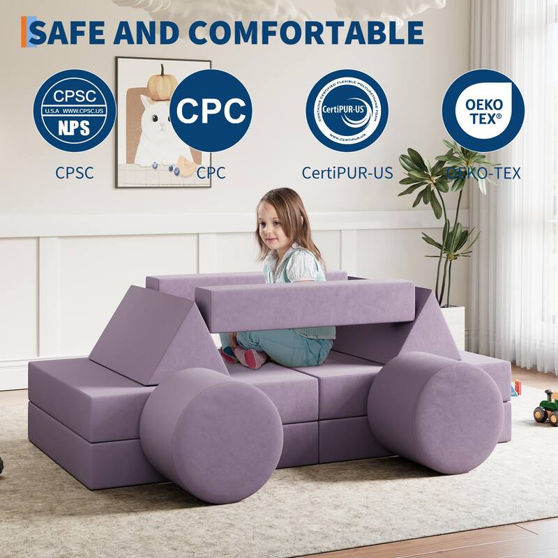 Kids Modular Play Couch, 13 Pcs Toddler Couch With Washable Velvet Covers, Building Fort Toddler Sofa Set