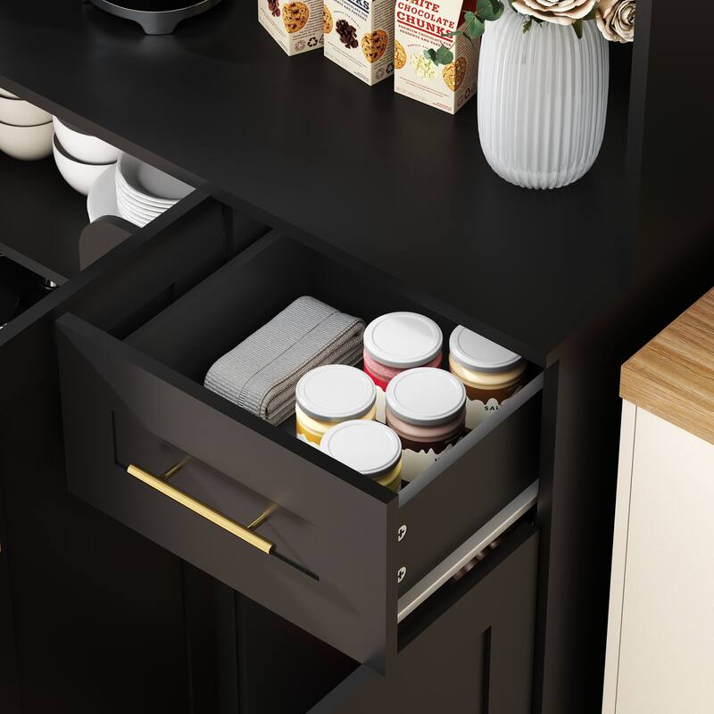 71'' Kitchen Pantry Cabinet with Hutch, Drawer & LED Light, Microwave Stand with Power Outlet for Dining Room or Kitchen