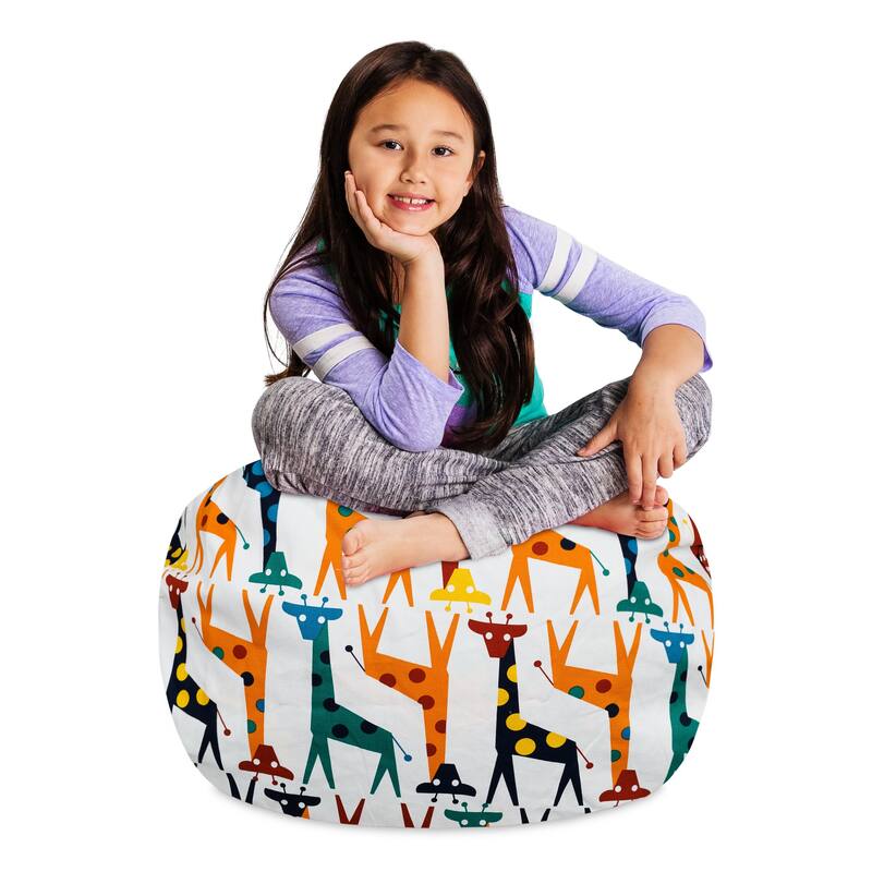 Kids' Stuffed Animal Storage Bean Bag Chair Cover or Toy Organizer - 27 Inches Medium - Canvas Giraffes on White