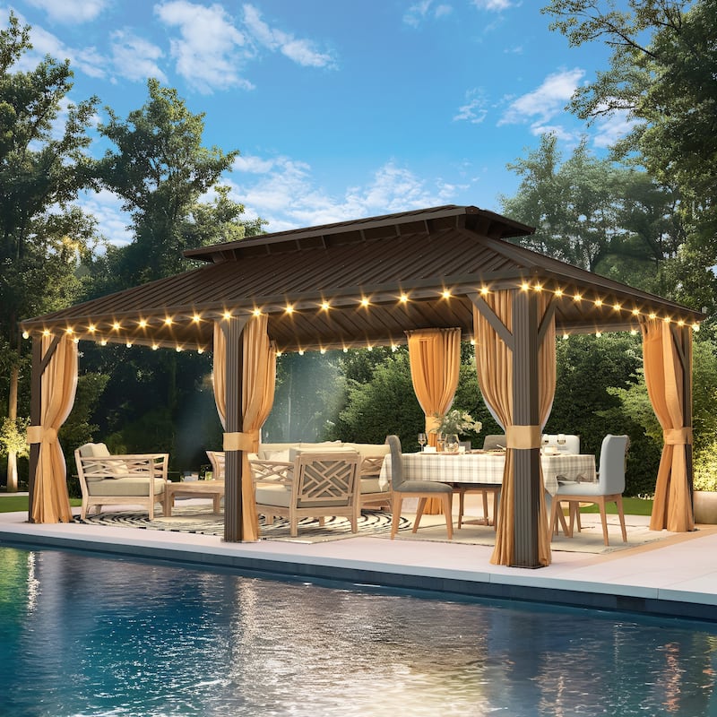 Outdoor Hardtop Gazebo with Double Galvanized Steel Roof & Aluminum Frame, Featuring Curtains and Netting for Added Comfort - 12*20