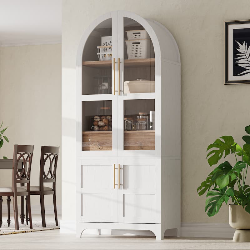 71"Tall Arched Kitchen Pantry Cabinet with Door Shelves, with Open & Adjustable Shelves, Hidden Drawer & Glass Door - White