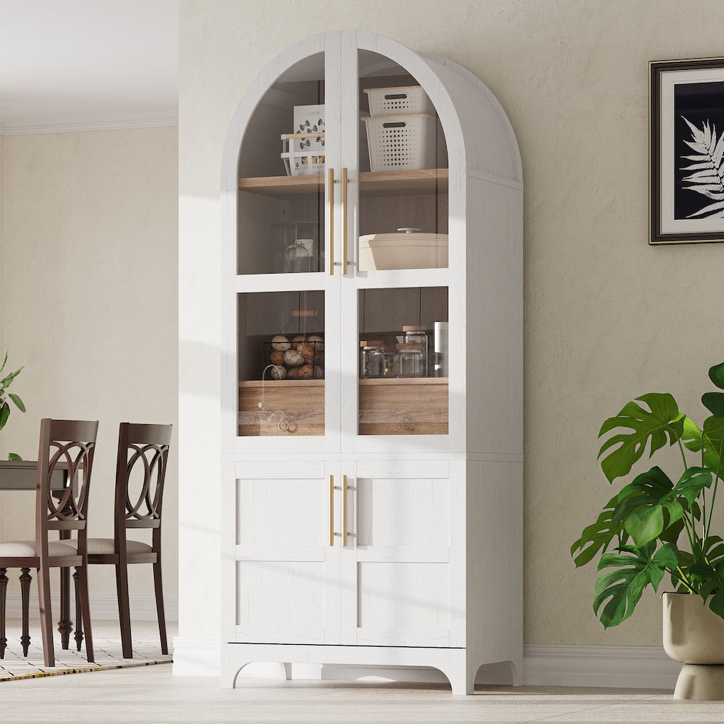 71"Tall Arched Kitchen Pantry Cabinet with Door Shelves, with Open & Adjustable Shelves, Hidden Drawer & Glass Door