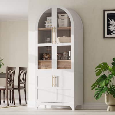 Farmhouse Arched Pantry Cabinet - 71" Tall Kitchen Storage with Adjustable Shelves, Glass Door & Hidden Drawer