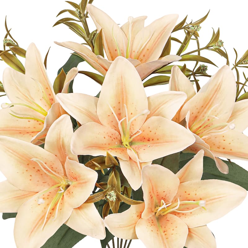 Set of 4 Champagne Peach Artificial Stargazer Lily Flower Stem Bush Bouquet 13in - 13" L x 8" W x 8" DP