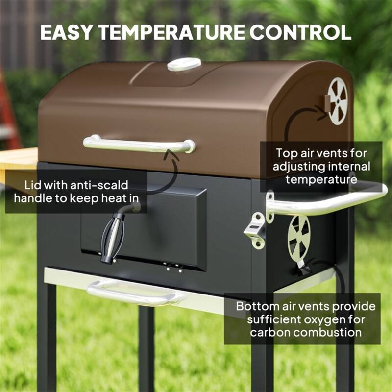 37-Inch Charcoal BBQ Grill with Folding Side Table Adjustable Pan and Thermometer Shelf - 37" W x 20.5" D x 42.1" H