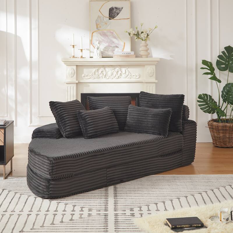 Rossetta 78.5'' 2-in-1 Neck Pillow Design Corduroy Modular Left Semi-Circular Sofa with Throw Pillows - Black