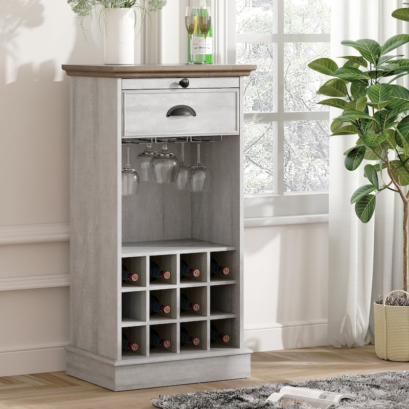 Wine Cabinet with Metal Glass Holder and Wood Lattice Rack - 22" in Width - Saw Cut Off White
