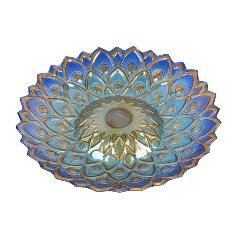 21" Blue & Brown Peacock Geometric Outdoor Glass Solar Bird Bath St&