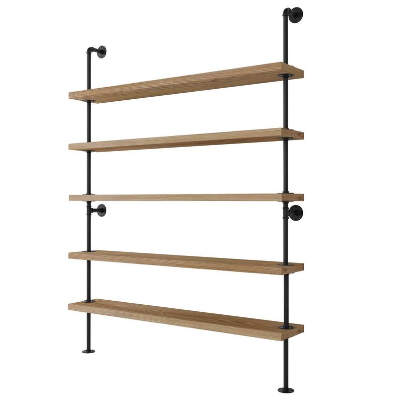 Wallniture 60" x 9.25" Pipe Bookcase, Industrial Book Shelving Unit, Hanging Shelves for Home Organization, Farmhouse, 5 Tier