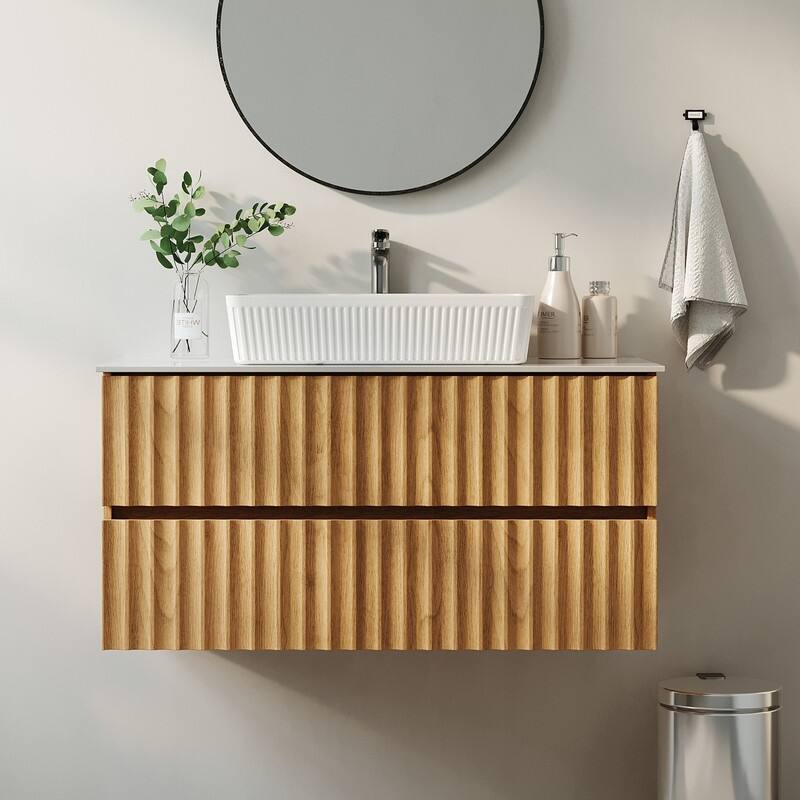 35.43" Floading Single Bathroom Vanities, With 2 Drawers, Glossy Sintered Stone Top, Light Wood