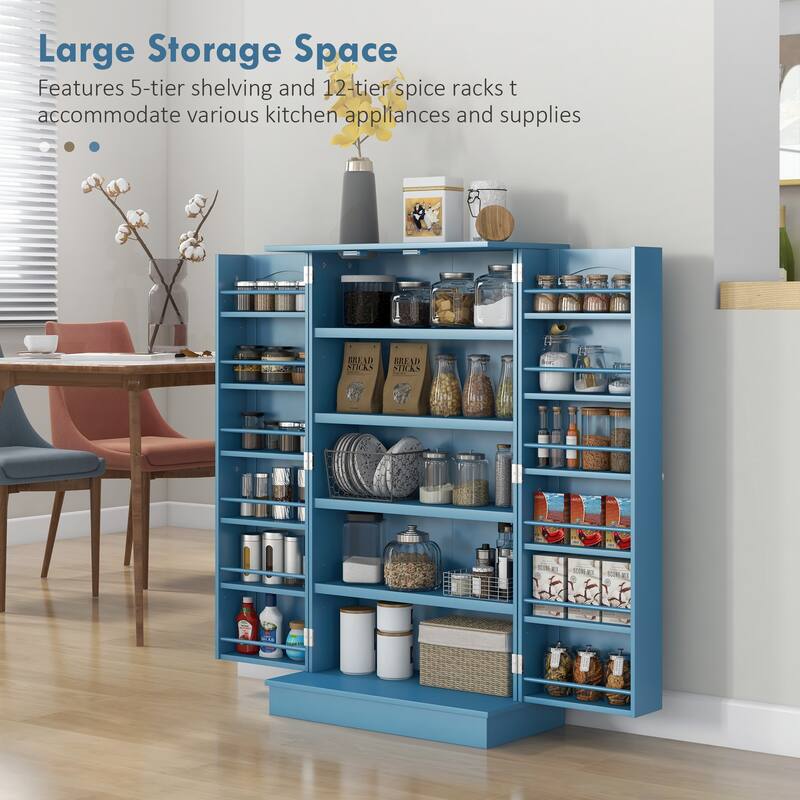HOMCOM 41" Kitchen Pantry, Modern 2-Door Kitchen Storage Cabinet with 5-tier Shelving, 12 Spice Racks and Adjustable Shelves