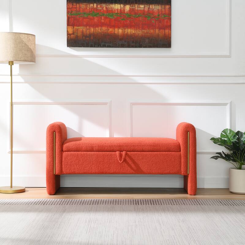 Teddy Upholstered Bed End Bench with Arms and Storage for Bedroom - Orange