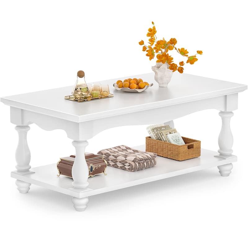 French Country Coffee Table with Storage Shlef, Farmhoues Retangular Living Room Table