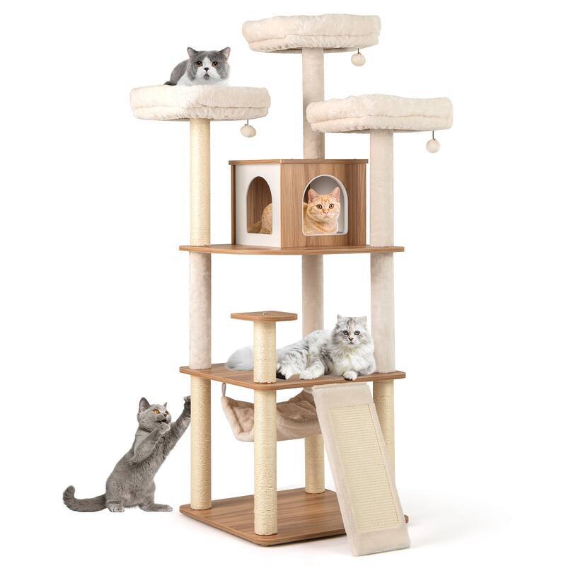 68 Inch Multi-Level Cat Tree Tower with Condo Hammock Perches Ladder and Scratching Posts